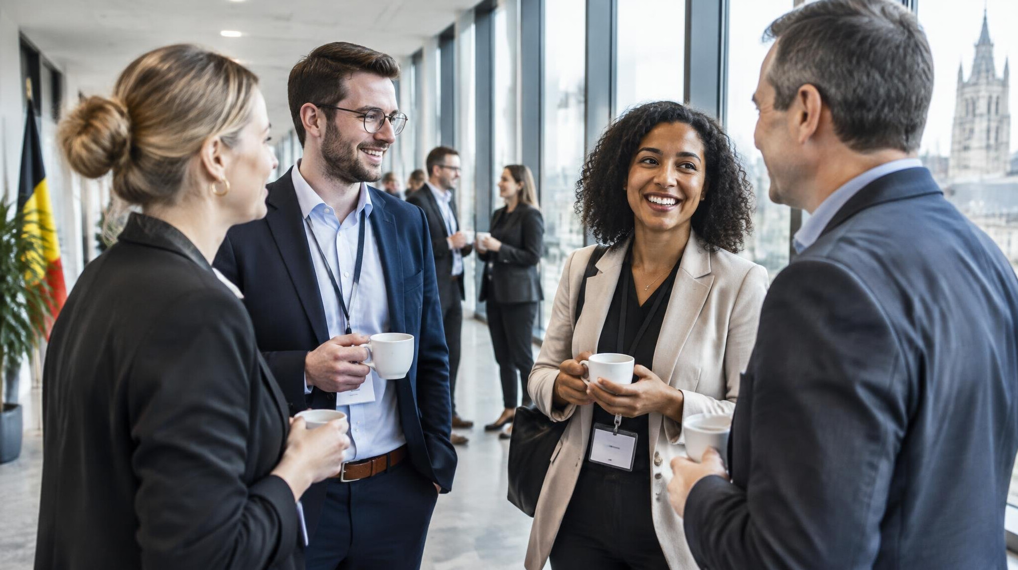 Professionals networking during a coffee break