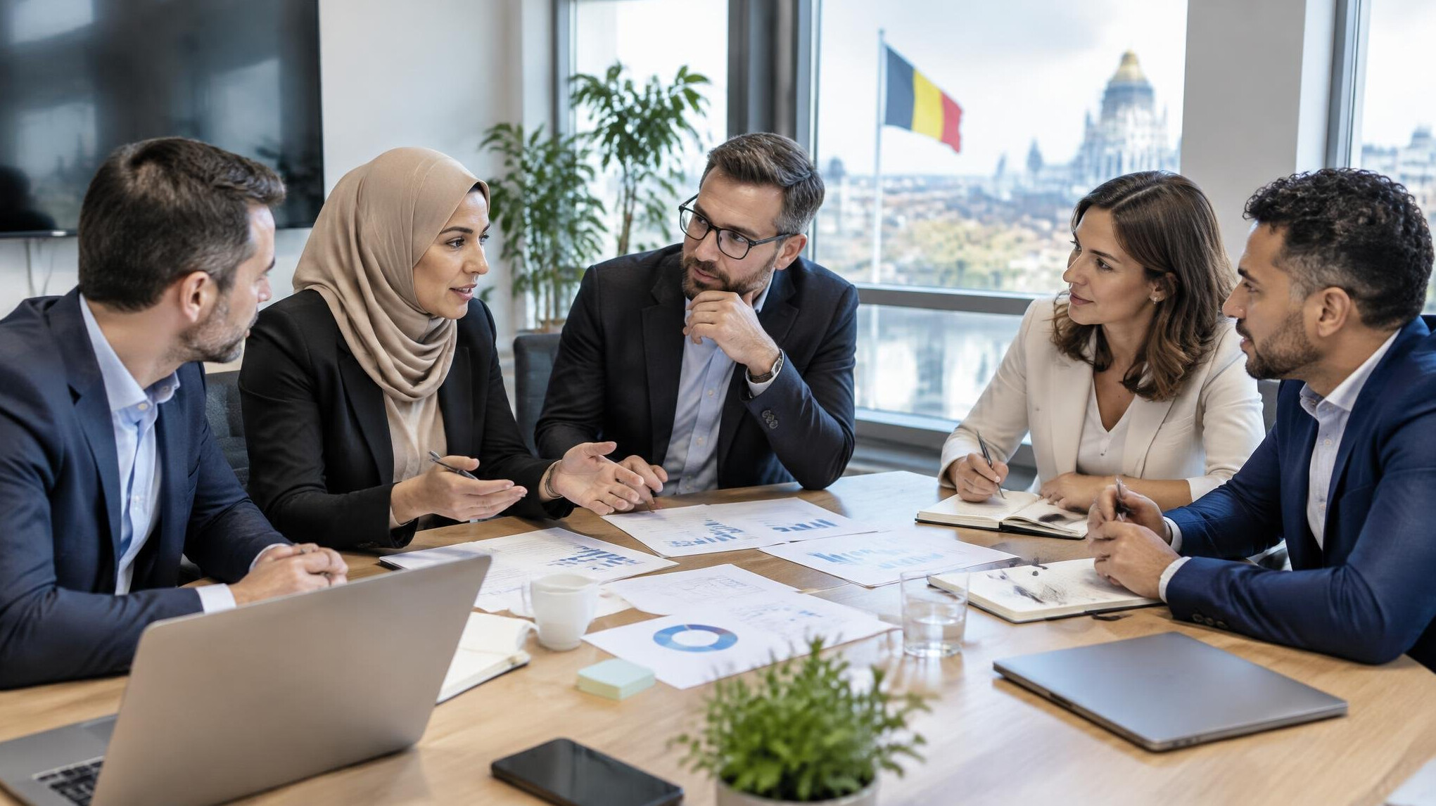 Group of European business professionals discussing organizational strategy in a modern meeting room